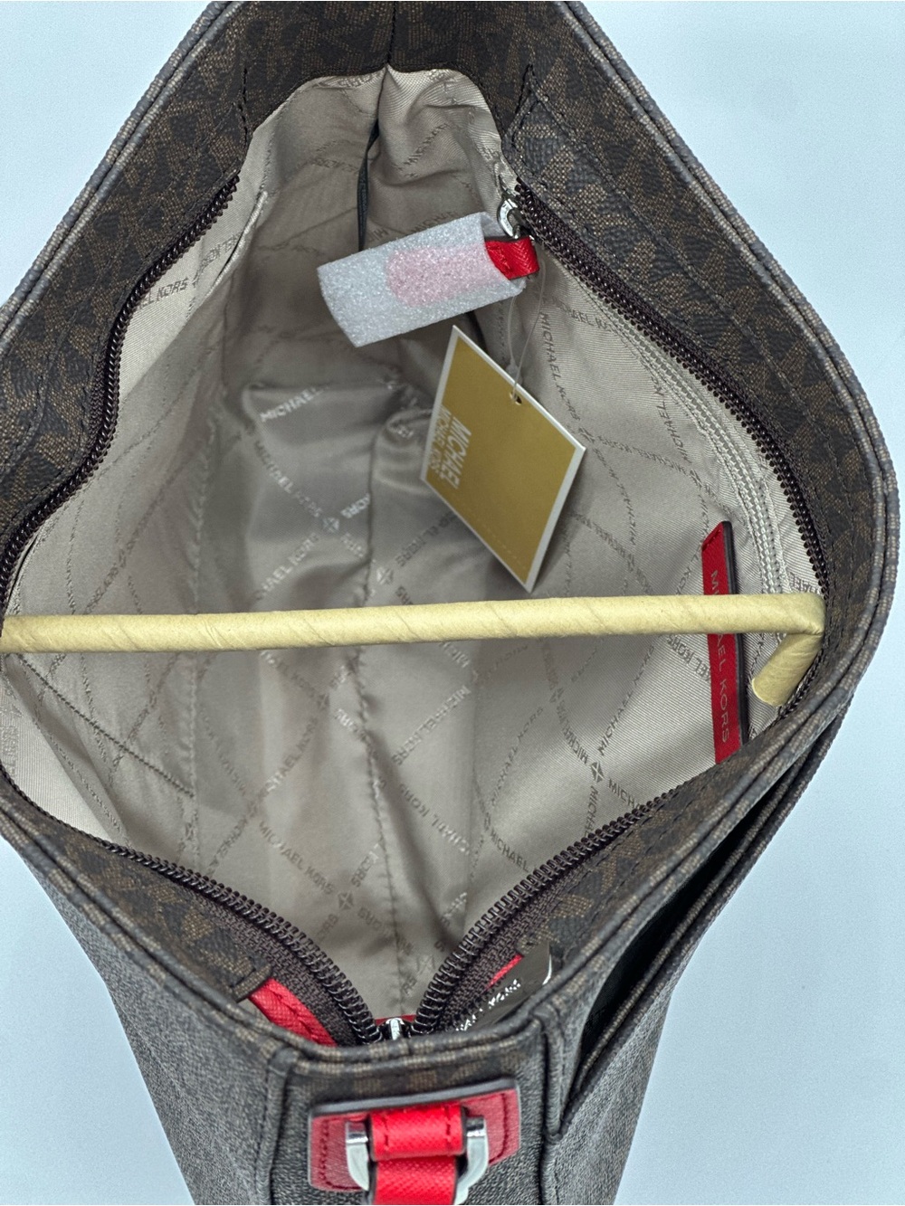 Michael Kors Brown Monogram Crossbody with Red Strap - Picture 7 of 12
